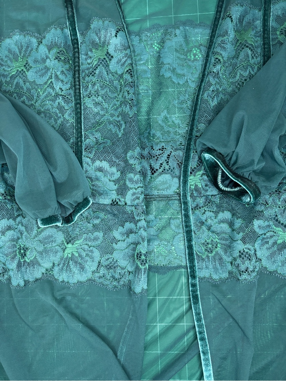 La SENZA Deep Teal Green Sheer Lace Short Robe Satin Tie Mesh Layer Sleepwear - Picture 12 of 12